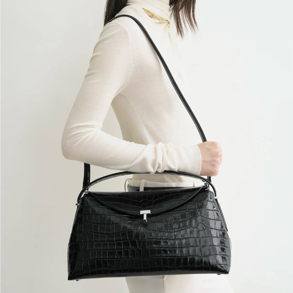 Toteme Black Croc-Embossed Shoulder Bag with Top Handle